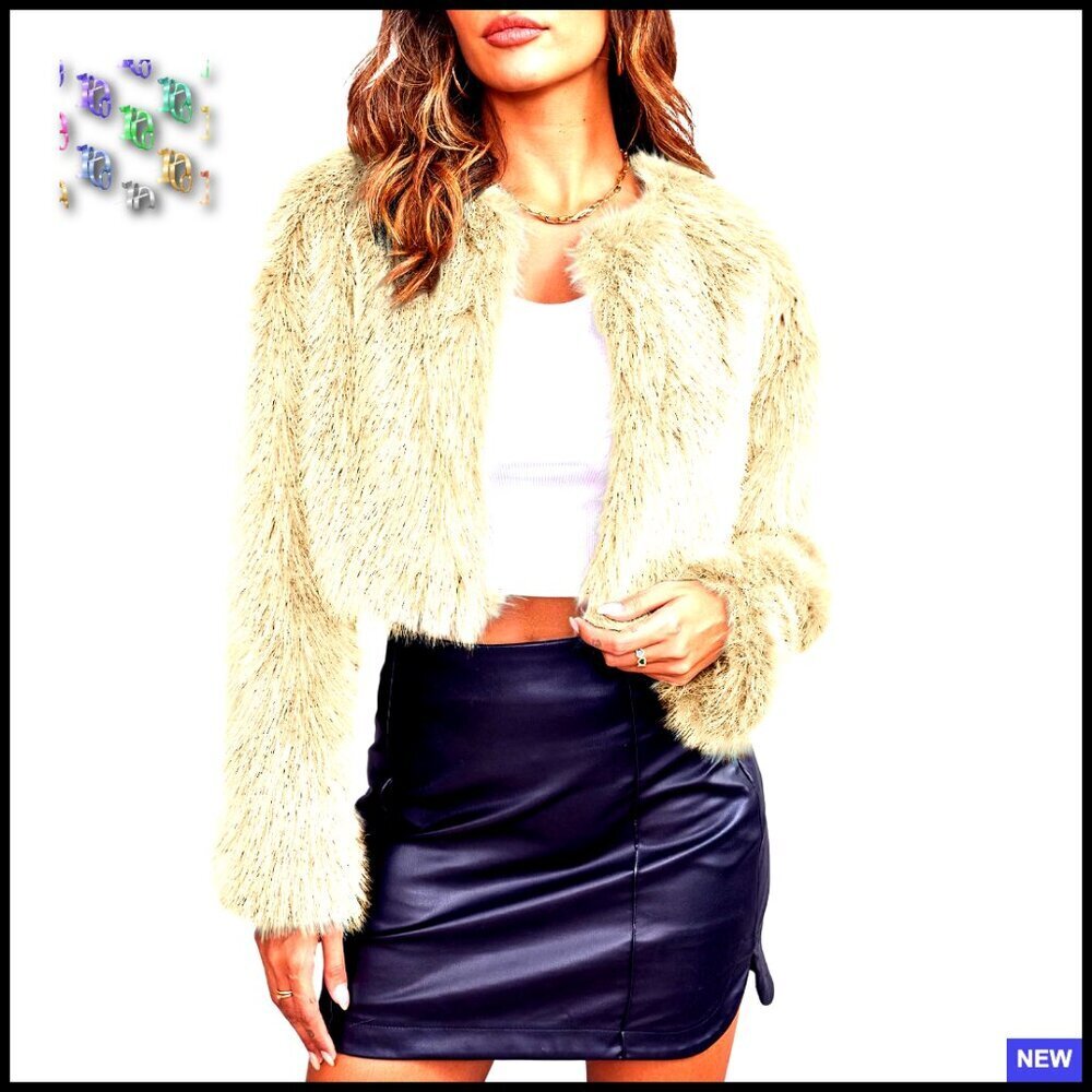 Cropped Faux Fur Jacket Open Front Cardigan Fluffy Parka Shaggy Coat